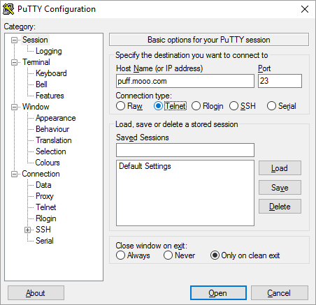 Initial PuTTY Connection Type